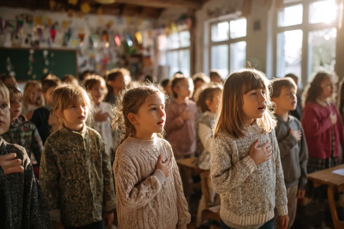 Alunos em formação para cantar o hino na escola antiga, resgatando memórias coletivas e rituais escolares.