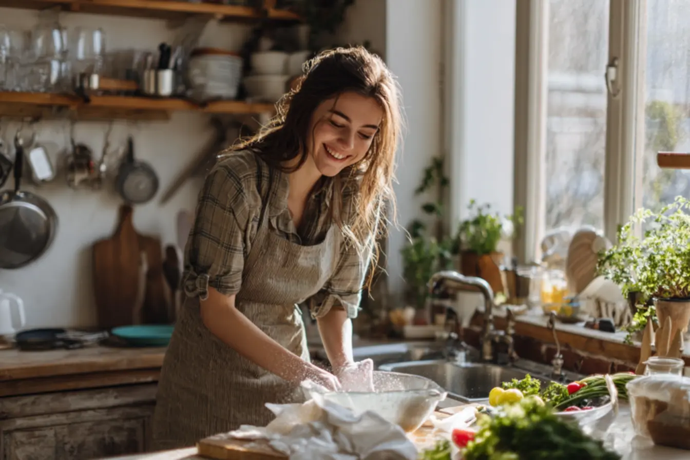 Mistura de água quente, sabão e bicarbonato em bacia para molho de panos de prato
