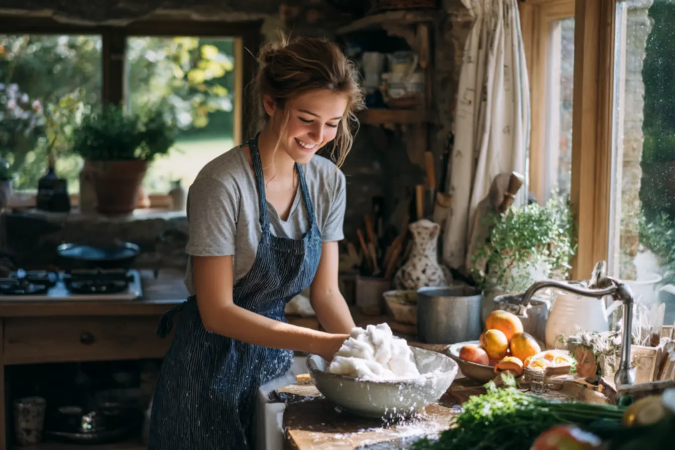 Pano de prato branco sendo limpo com bicarbonato de sódio na cozinha