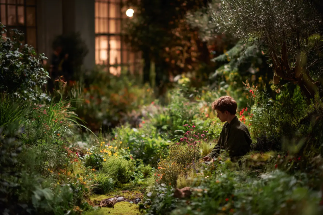 Jardineiro organizando canteiro, removendo folhas secas para reduzir esconderijos de moluscos no jardim.