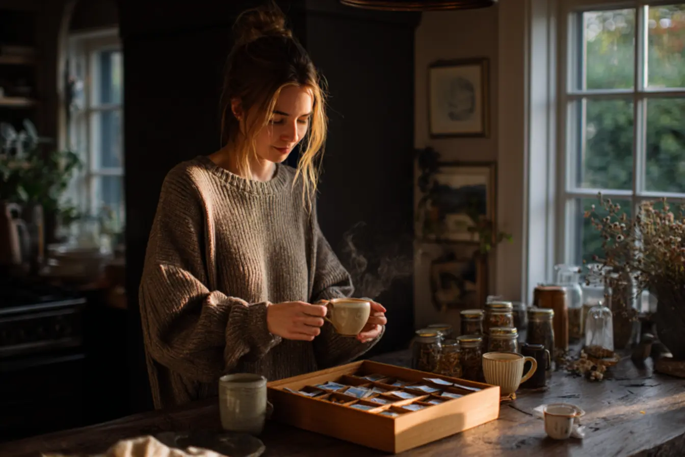 tipos de organizadores de chá dispostos em prateleira para otimizar a cozinha