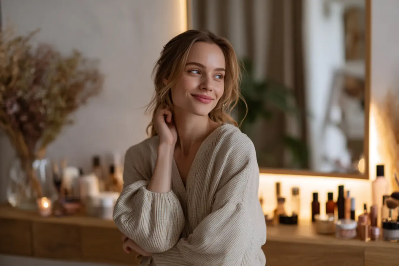 penteadeira organizada com maquiagem e skincare bem distribuídos