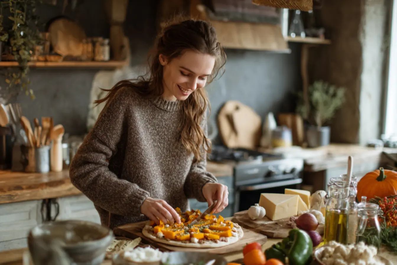 Detalhe da massa de pizza feita com abóbora, sem glúten e rica em fibras