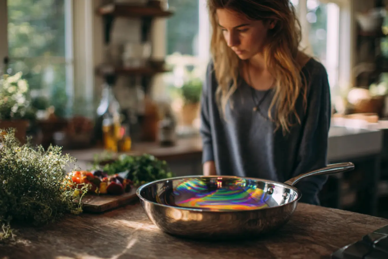 Manchas coloridas de iridescência no fundo da panela de inox causadas por calor alto