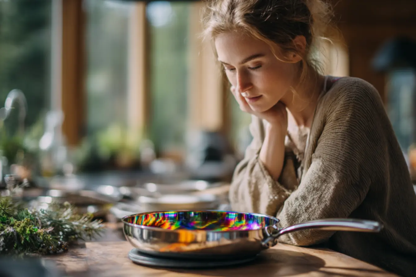 Detalhe do fundo de panela de inox com marcas de calor e distribuição térmica