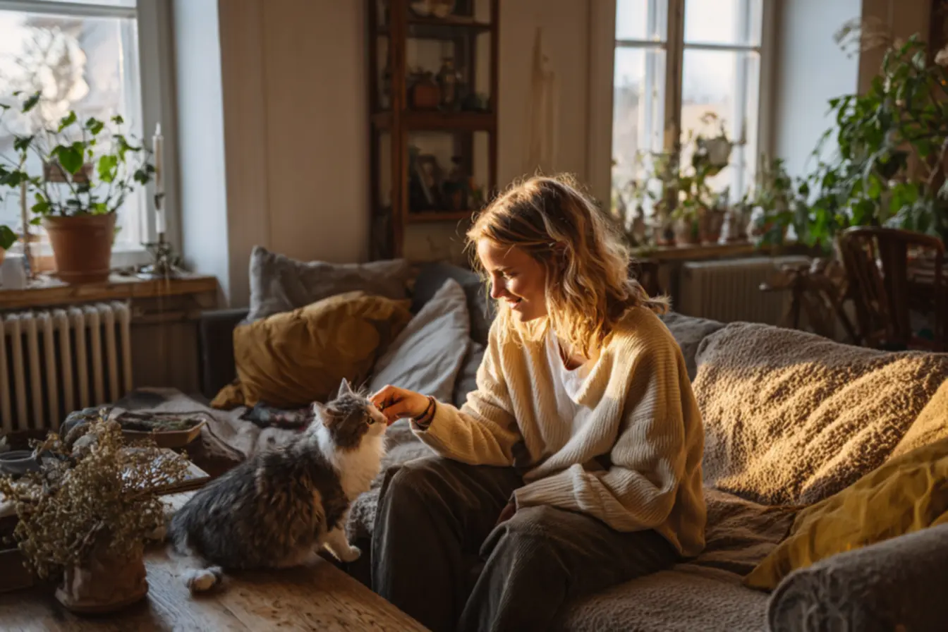Tutor fazendo carinho correto em gato na cabeça e bochechas, respeitando limites e pausas