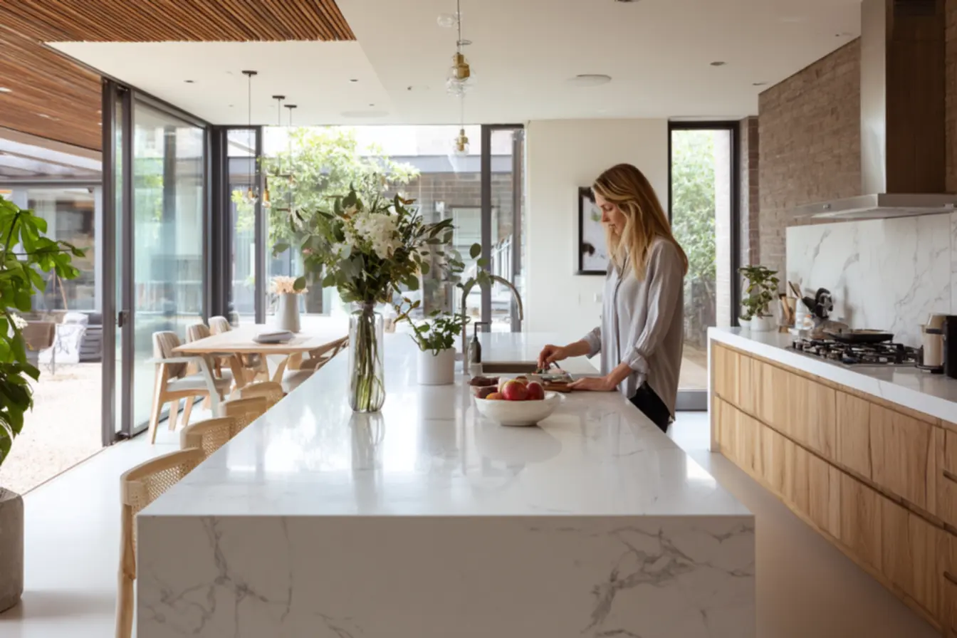 Bancada de cozinha em porcelanato branco acetinado com cuba esculpida, destacando a continuidade visual e a elegância do design