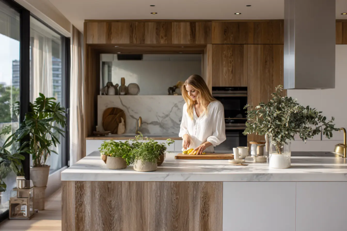 Porcelanato branco em cozinha moderna com iluminação natural, transmitindo sensação de amplitude e limpeza e bancada elegante