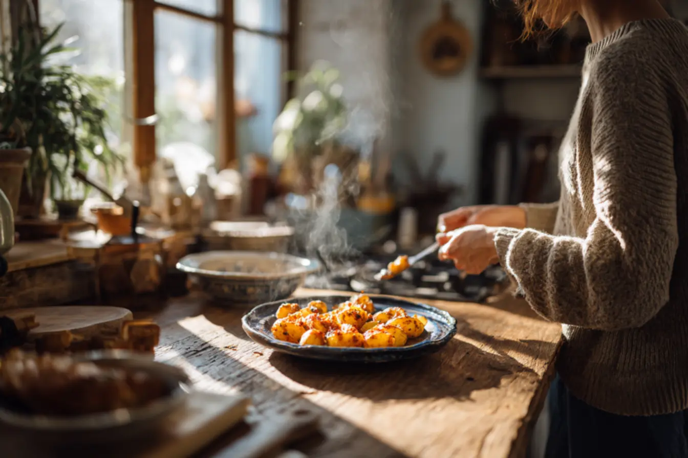 Batatas pré-cozidas sendo amassadas na assadeira antes de ir ao forno para ficarem crocantes