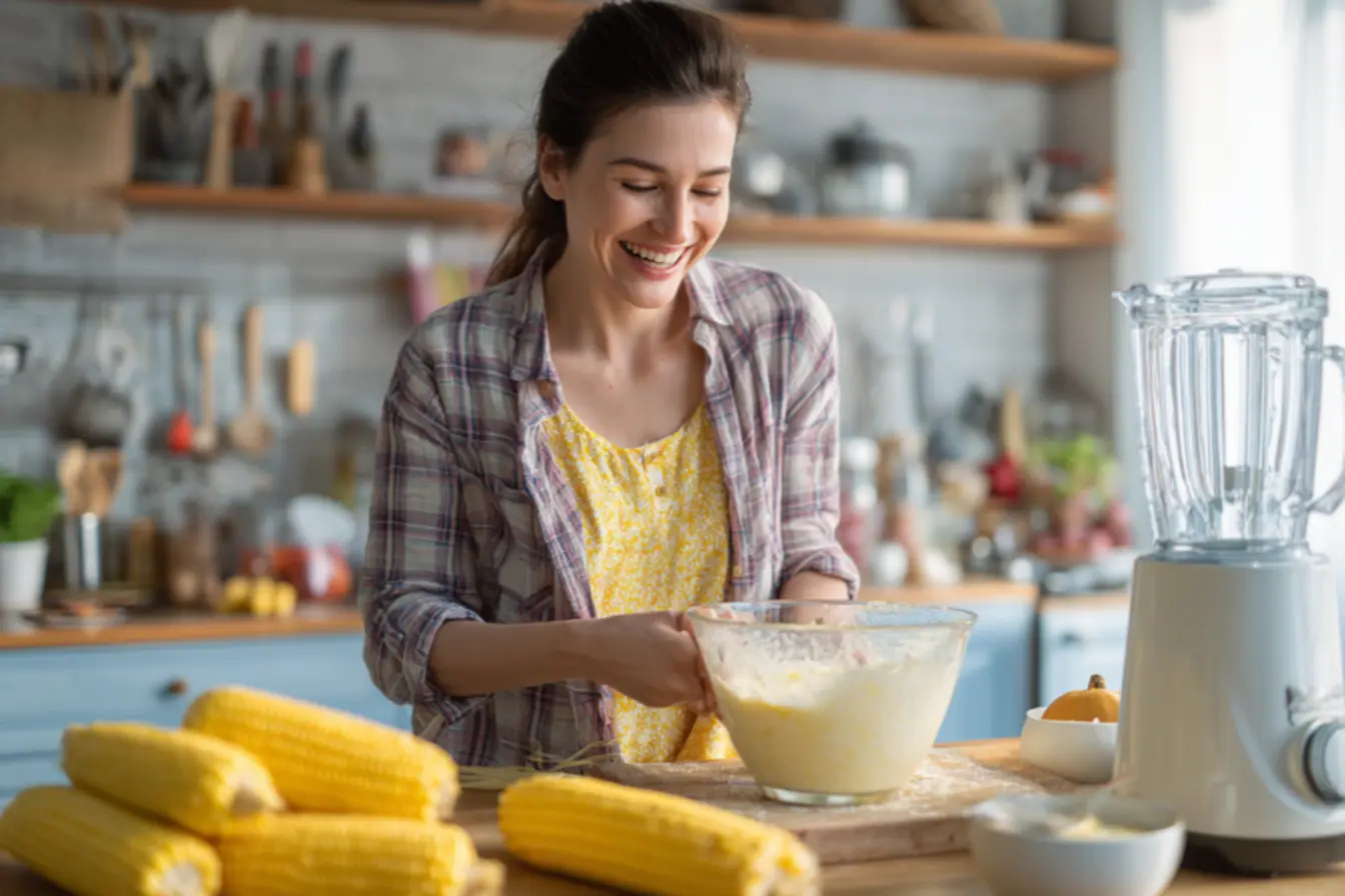 Espigas de milho verde frescas, com palha verde e grãos cheios, indicando a qualidade ideal para fazer sorvete
