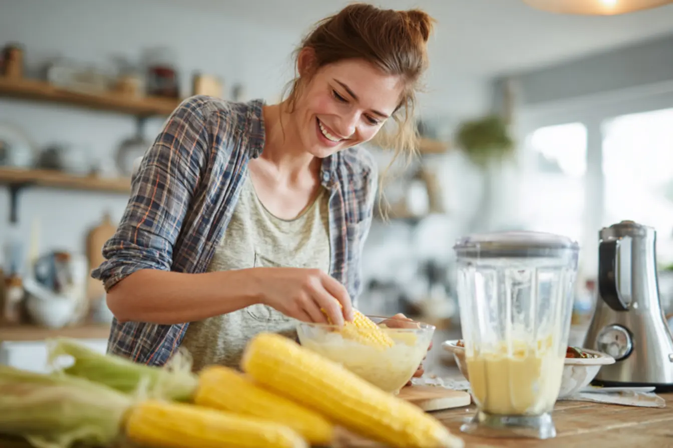 Ingredientes para sorvete de milho verde cremoso: milho fresco, leite, açúcar, leite condensado, creme de leite e nata
