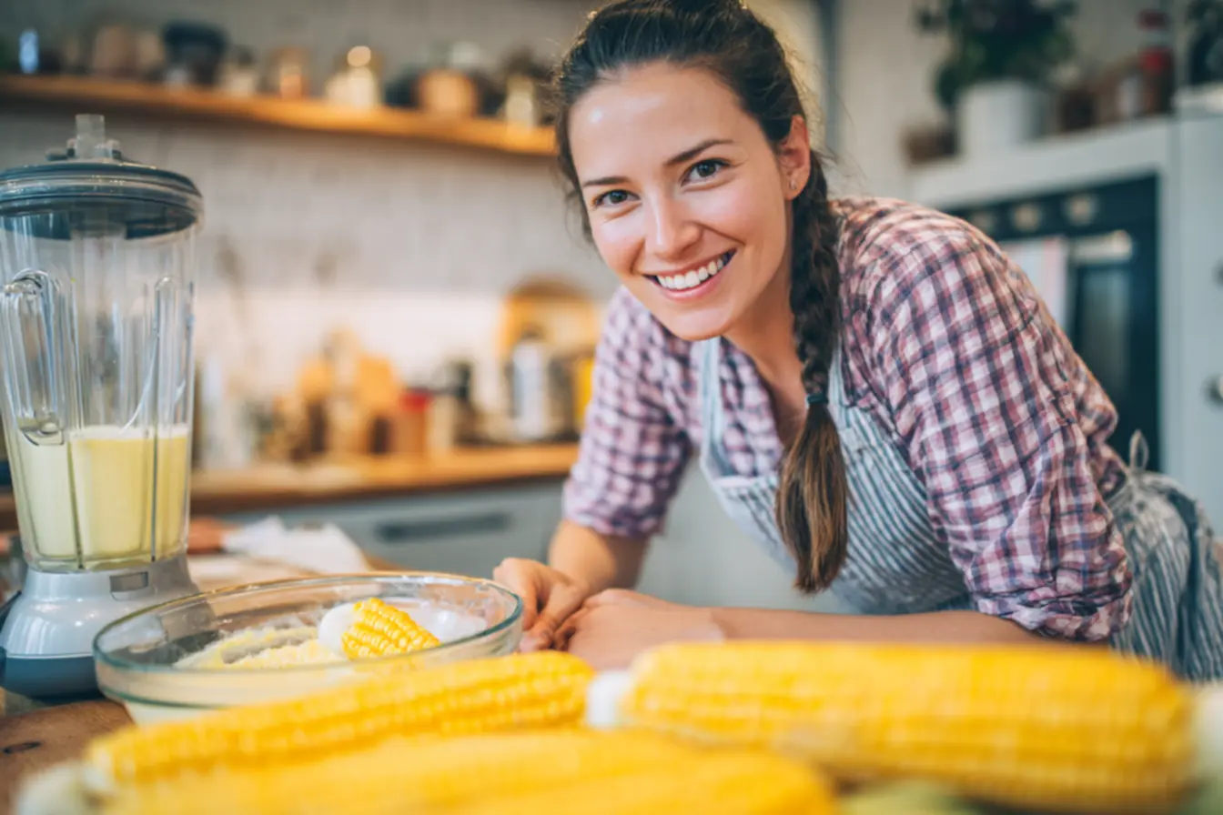 Sorvete caseiro de milho verde cremoso pronto em taças, com calda e grãos de milho, destacando a textura suave e refrescante