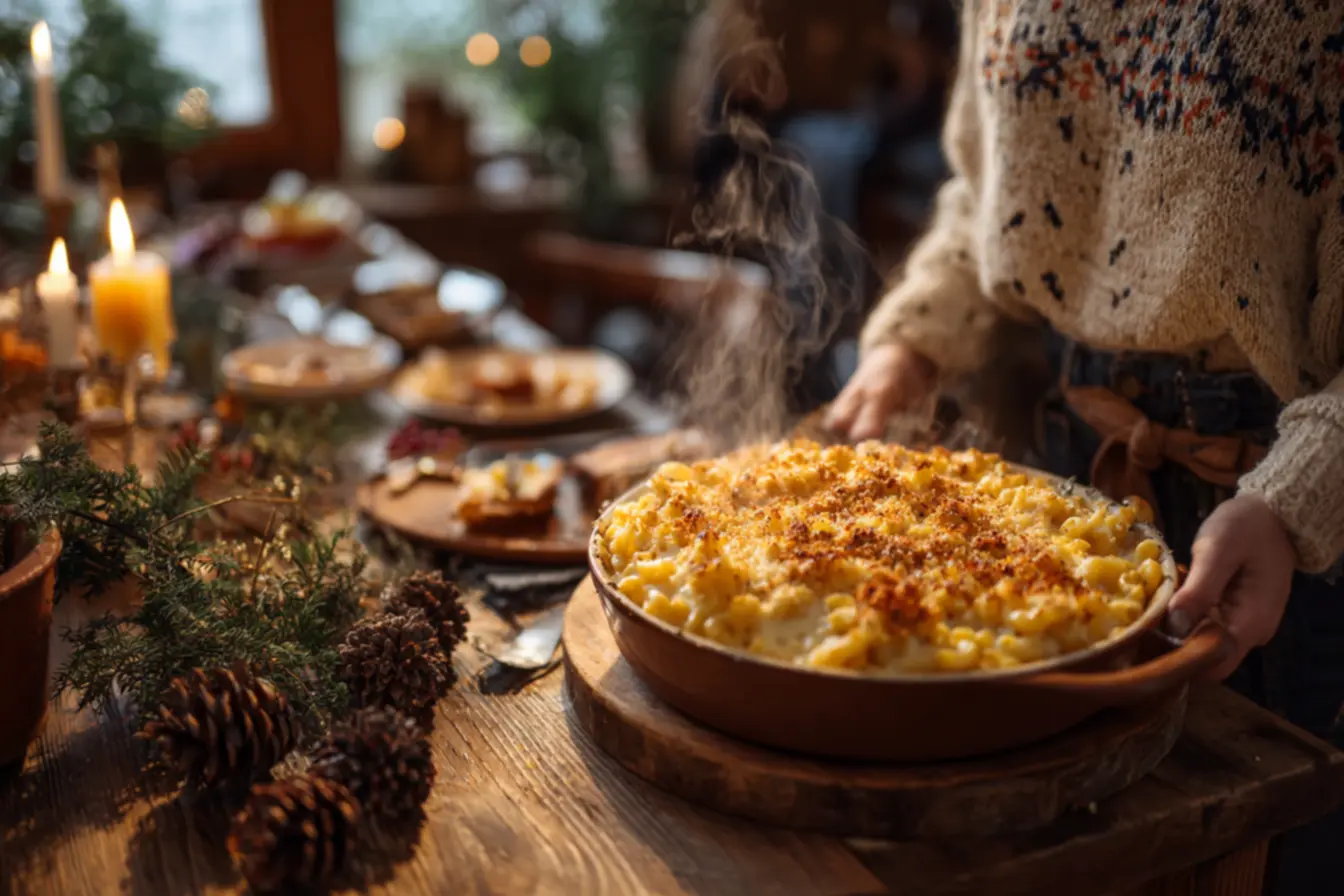 Close-up de uma porção de macarrão com queijo e crosta crocante, com a camada superior bem dourada e estaladiça