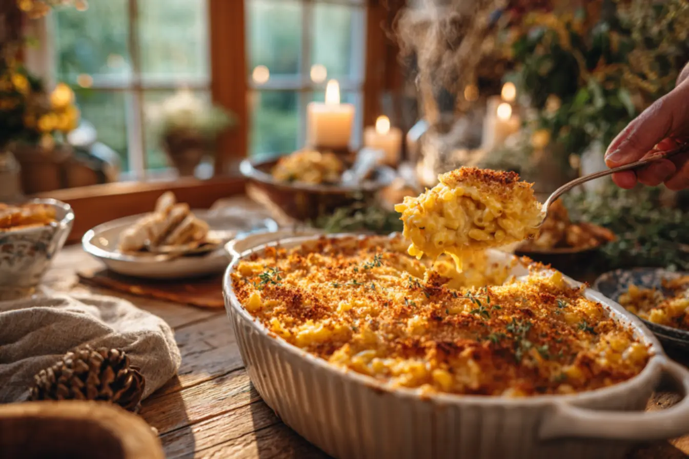 Travessa de macarrão com queijo e crosta crocante saindo do forno, dourado e apetitoso
