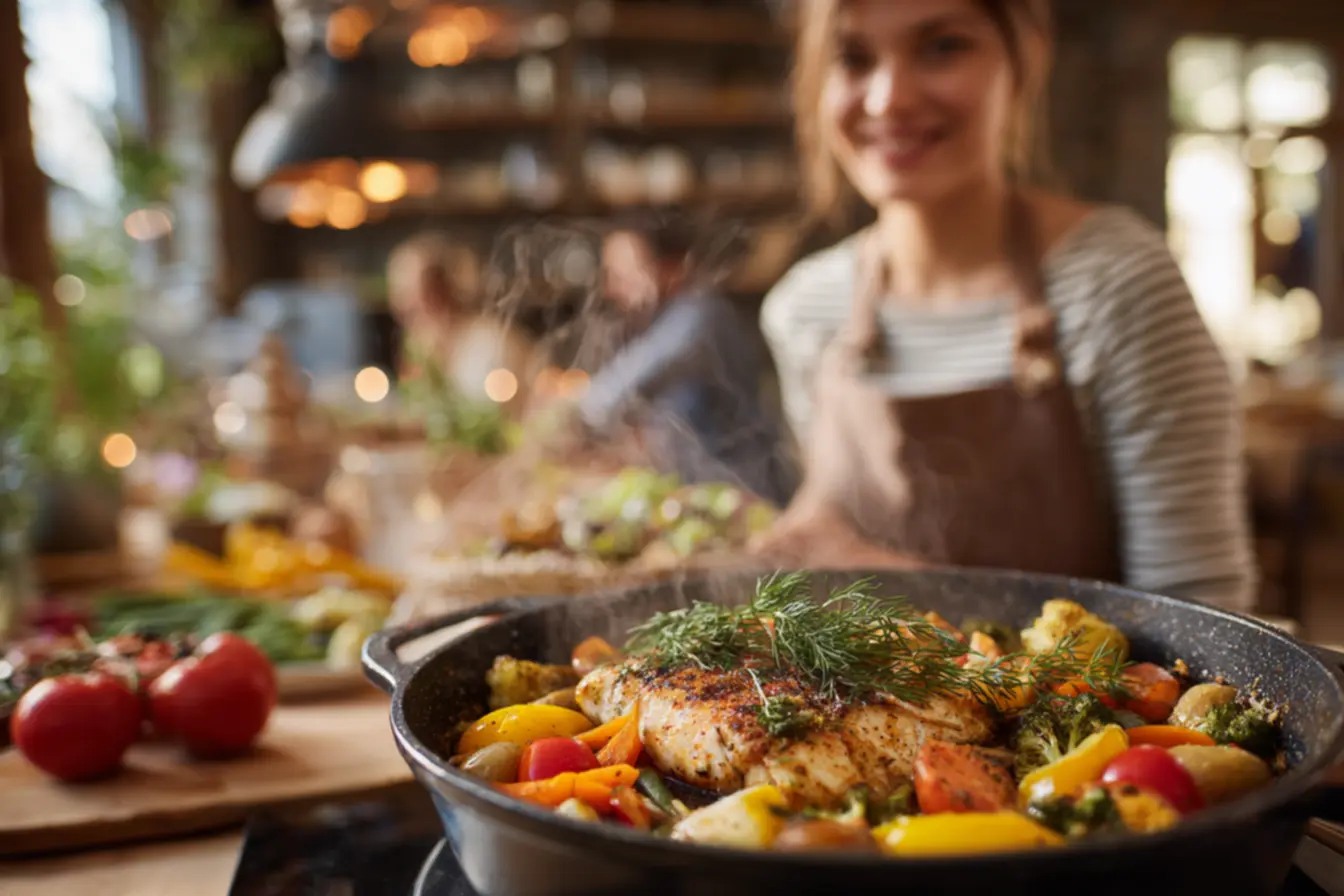 Filés de tilápia frescos preparados com legumes coloridos para refeição de Quaresma