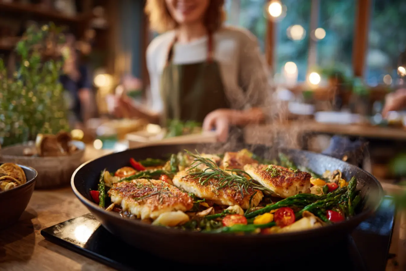 Tilápia na panela com cama de legumes e molho cremoso para almoço de Sexta-feira Santa