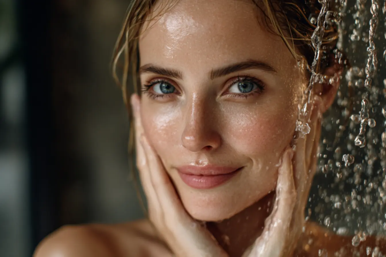 Mulher examinando sua pele facial em busca de sinais de dano por limpeza inadequada