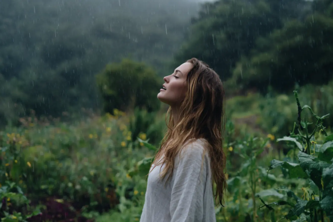 Pessoa sentindo o cheiro da chuva, percebendo os sinais naturais do clima