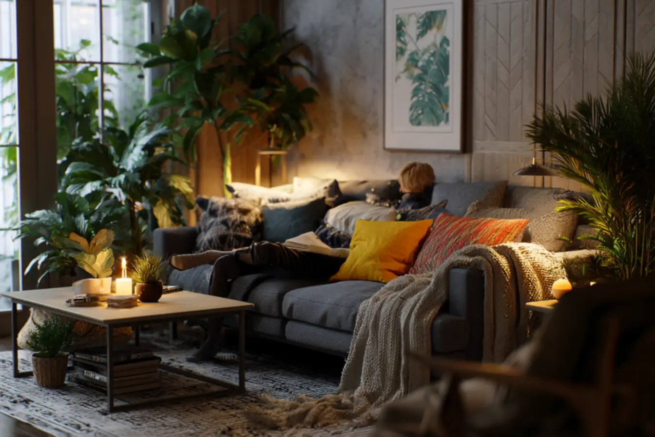 sala com sofá cinza e manta decorativa em ambiente moderno