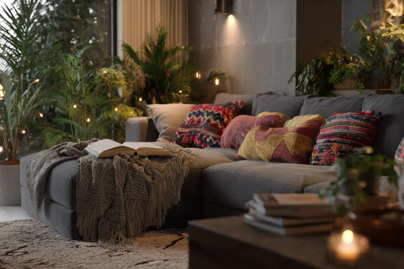 sofá cinza decorado com almofadas coloridas e mix de estampas boho