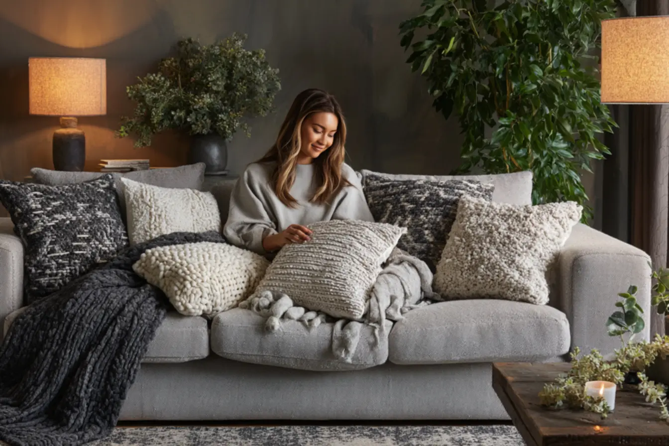 almofadas coloridas e terrosas sobre sofá cinza em sala moderna