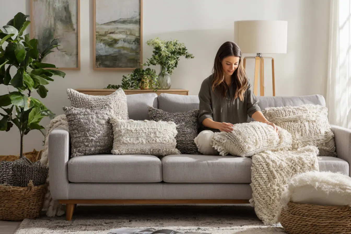 sofá cinza decorado com almofadas e manta moderna em sala aconchegante