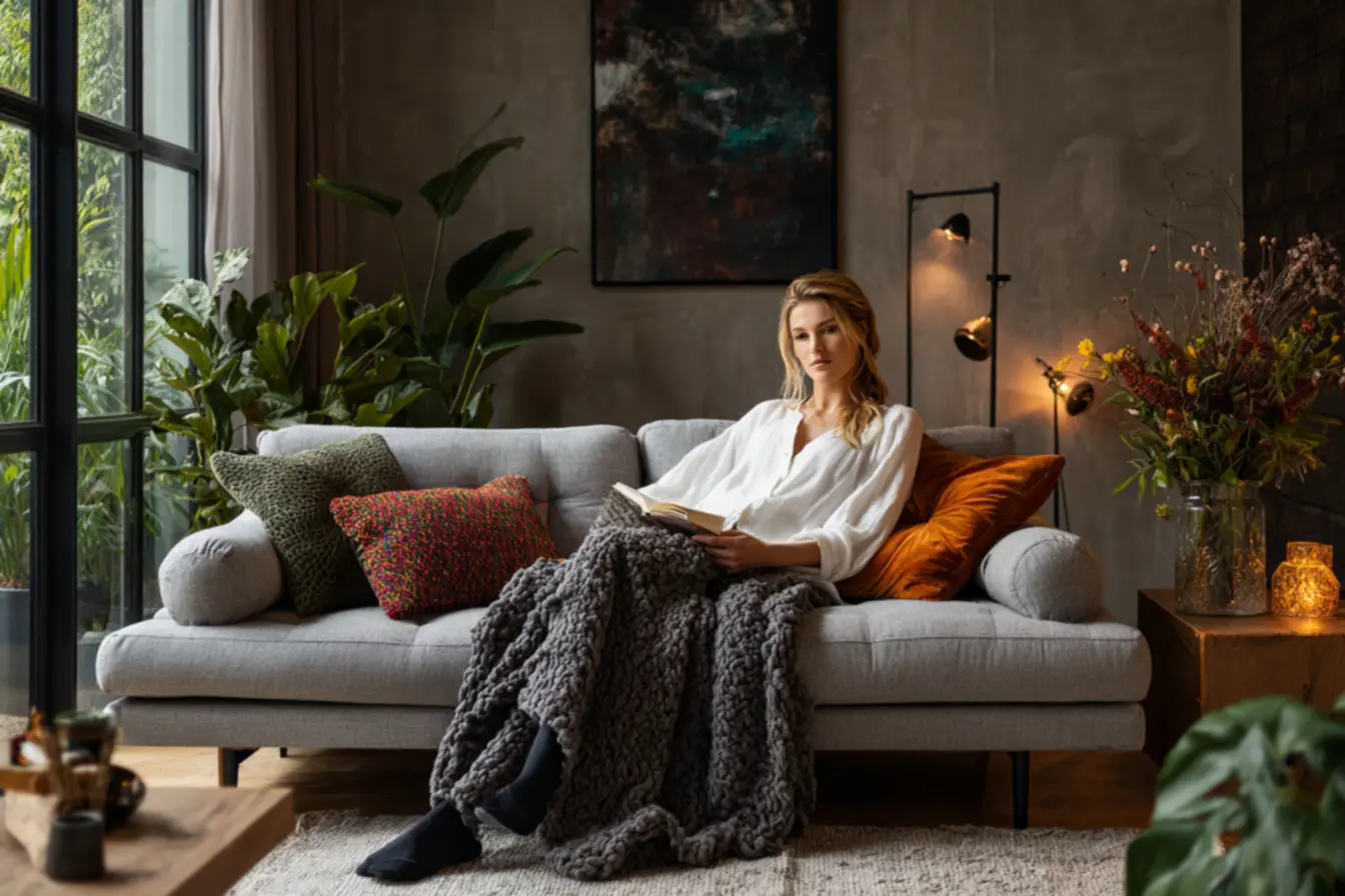 Sofá cinza em sala decorada com almofadas coloridas e mantas