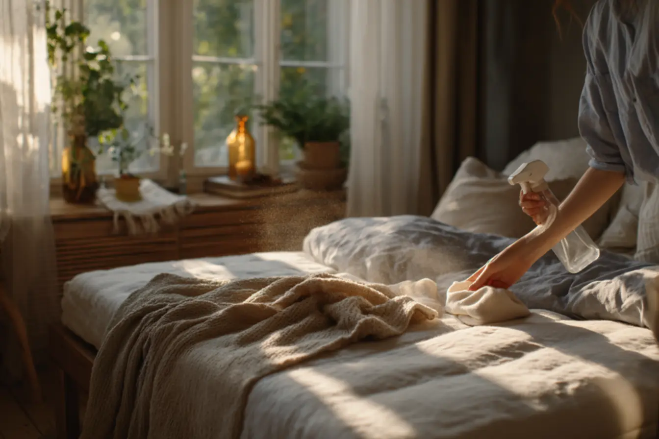 Pessoa aspirando colchão para remover poeira ácaros e resíduos antes da limpeza úmida