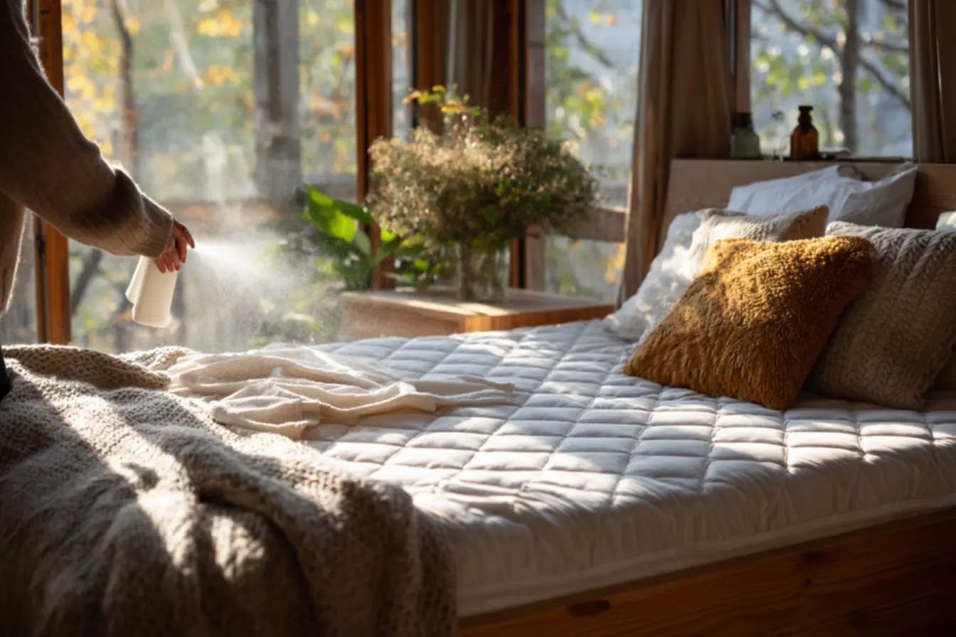 Colchão com manchas amareladas sendo inspecionado para limpeza caseira e eliminação de odores