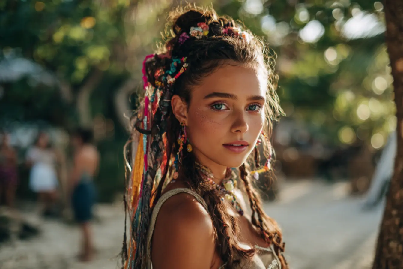 Material para fazer tererê com fios de cetim, linha e miçangas organizado em bancada