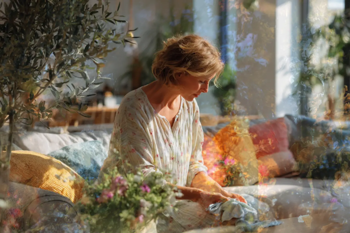 Sala com sofá, tapete e cortinas limpos mostrando como tecidos influenciam o cheiro da casa