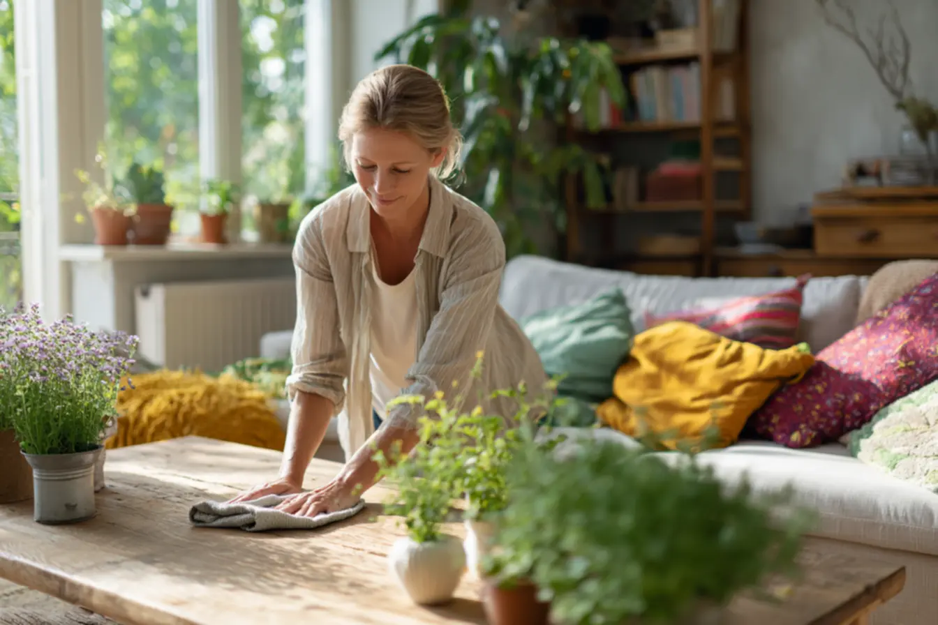 Ambiente residencial arejado com sala organizada e ar limpo, representando casa cheirosa e livre de odores