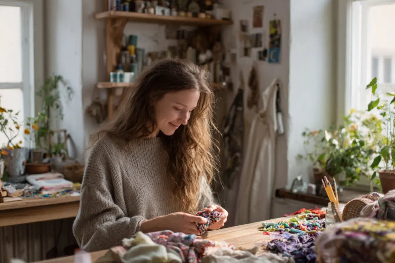 Mulher feliz costurando retalhos para criar acessórios sustentáveis e economizar em casa