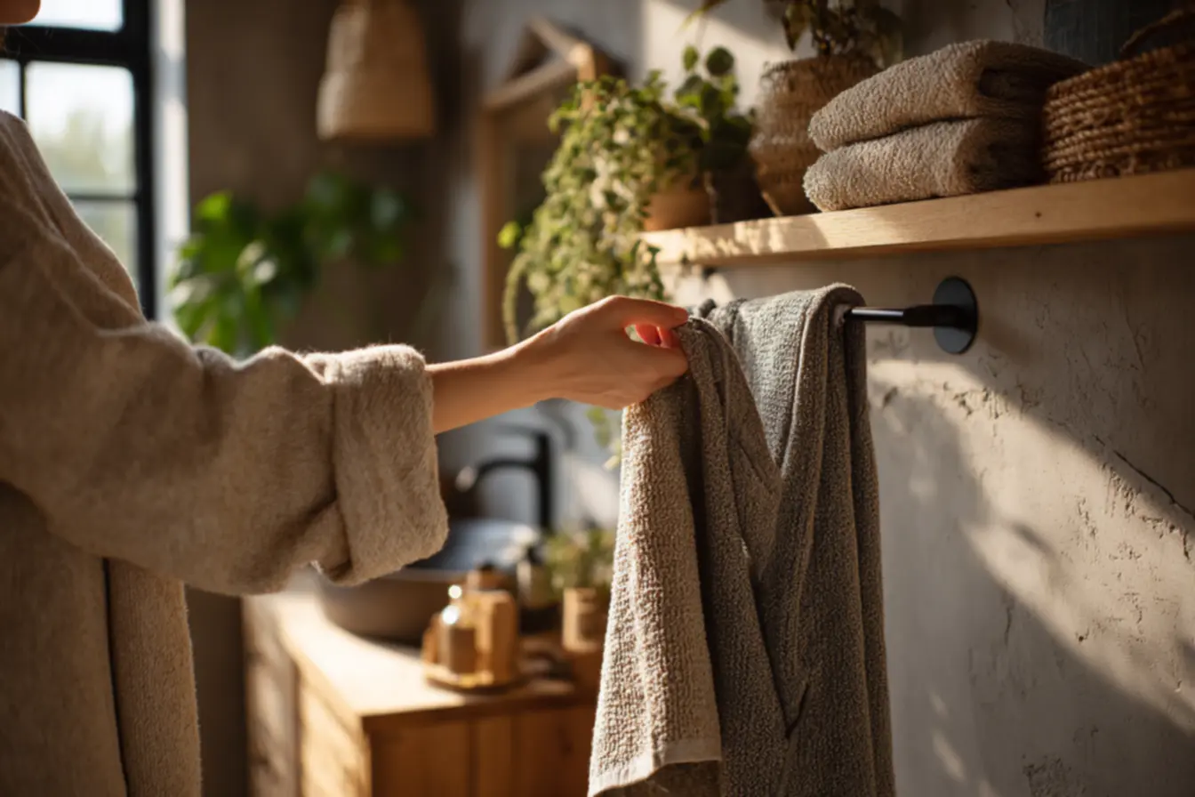 Banheiro moderno com porta toalhas funcionais e organização das toalhas
