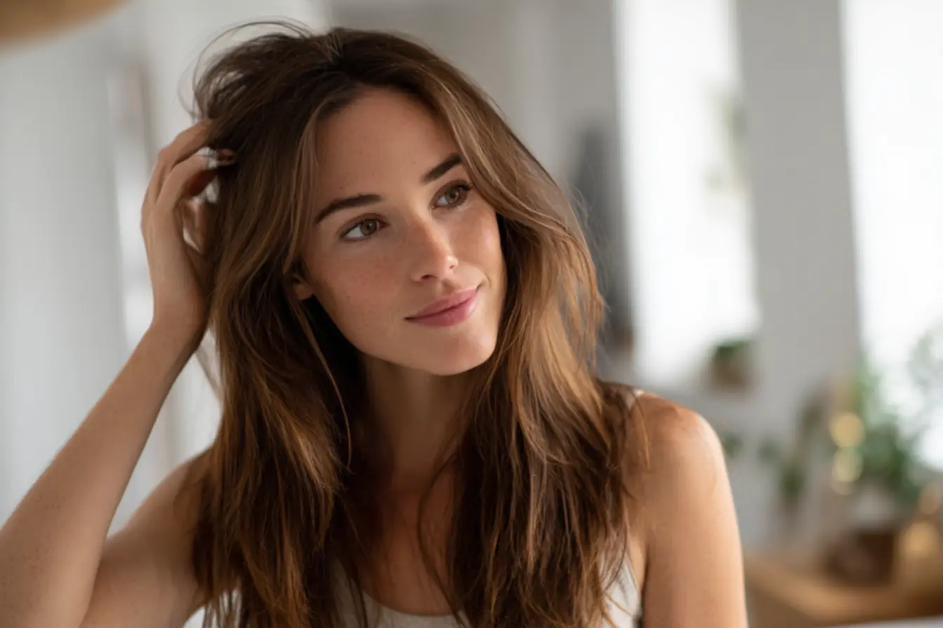 Franja em cabelo liso médio realçando o contorno do rosto e o estilo pessoal