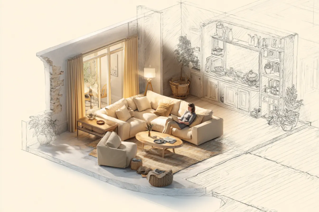 Ambiente aconchegante com móveis bem posicionados para otimizar o espaço e o bem-estar