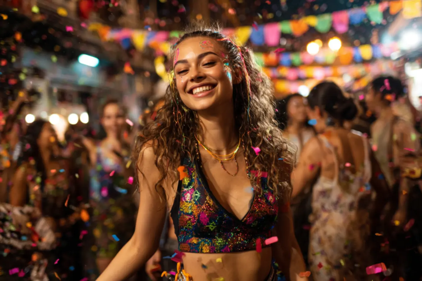 Mulher com tranças boxeadoras e maquiagem brilhante para Carnaval