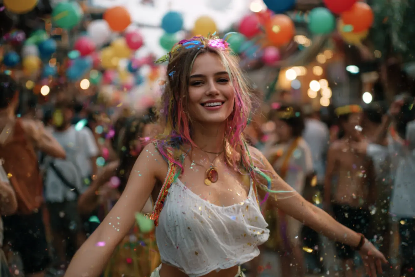 Penteado bubble braid com elásticos coloridos e glitter nas divisões