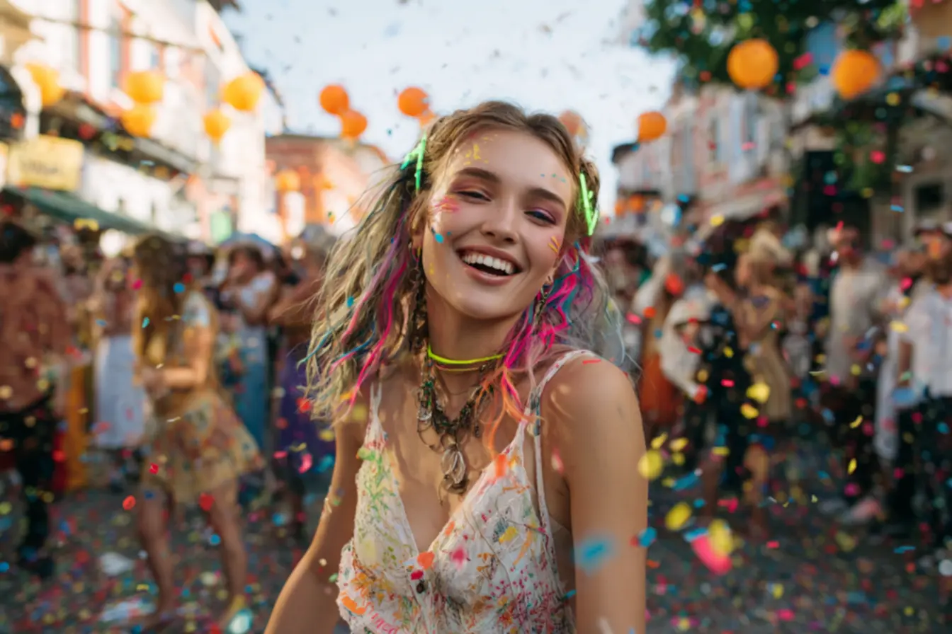 Penteados de Carnaval 2026: Tranças laterais decoradas com fitas coloridas
