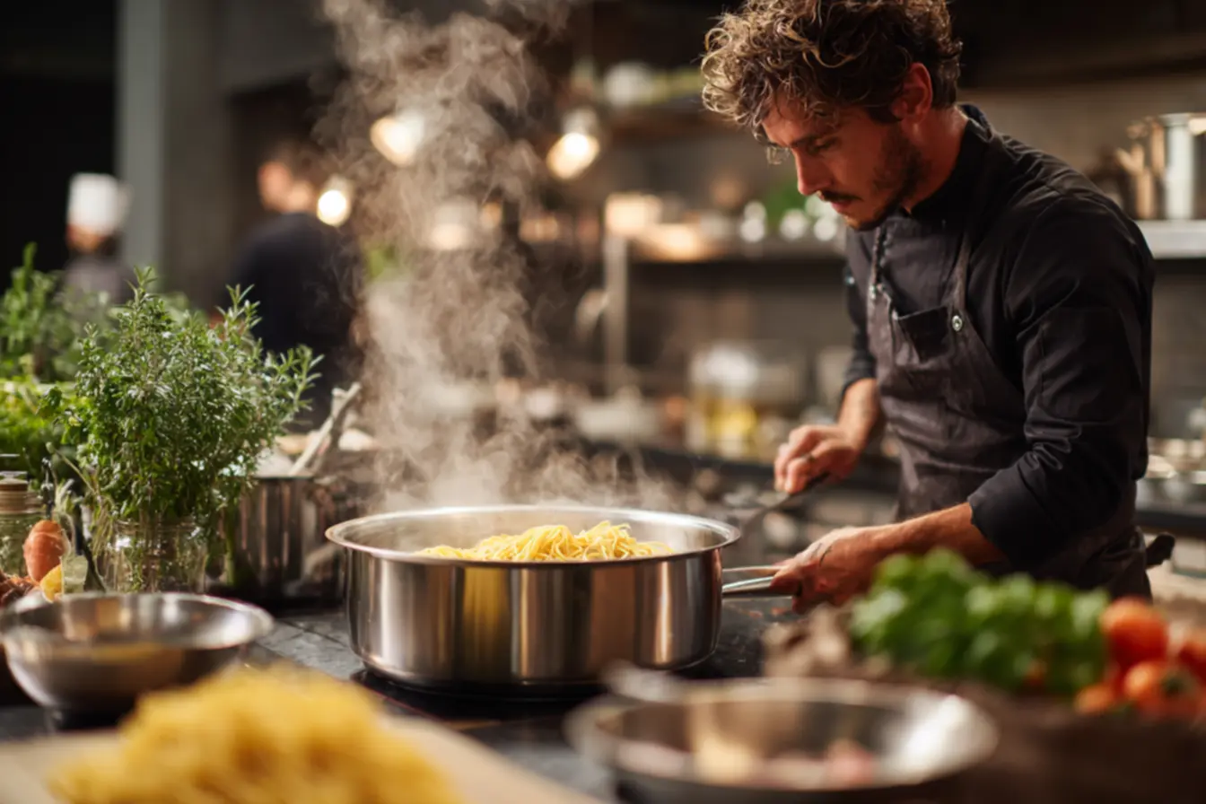 Misturando o macarrão ao molho