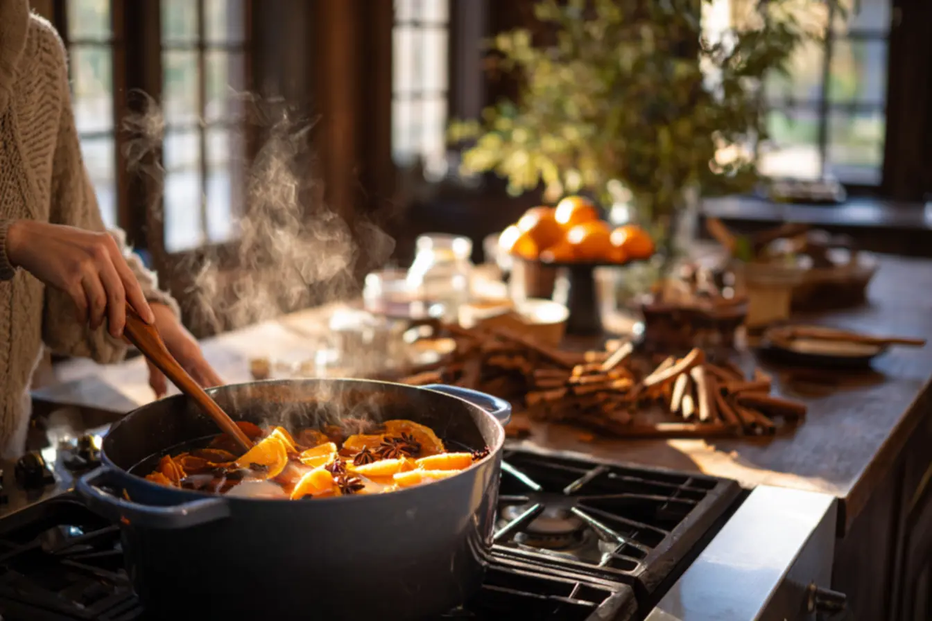 Frutas cítricas e especiarias como canela, mostrando ingredientes para um difusor natural