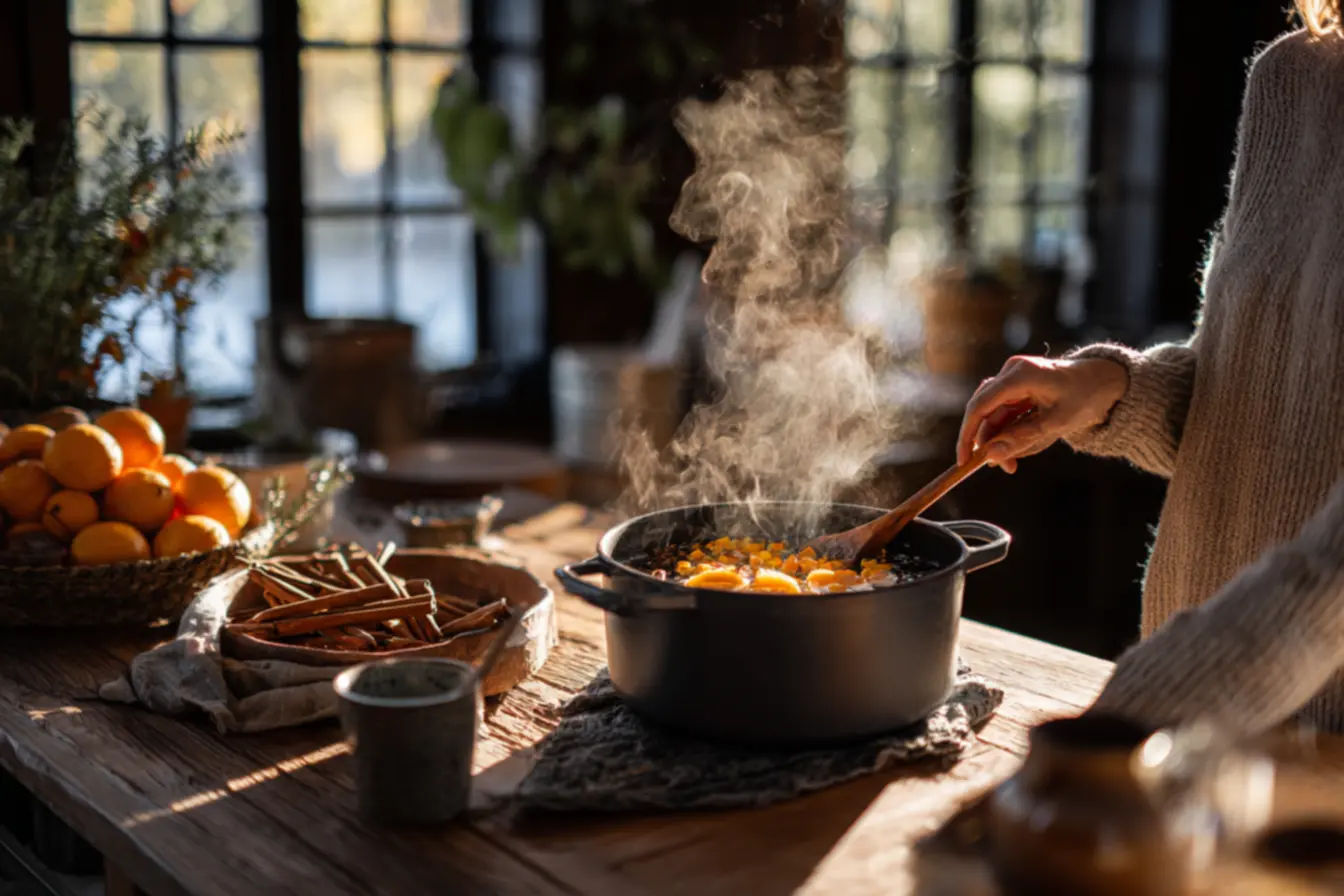 Panela fervendo cascas de mexerica e canela, criando um aroma natural para a casa