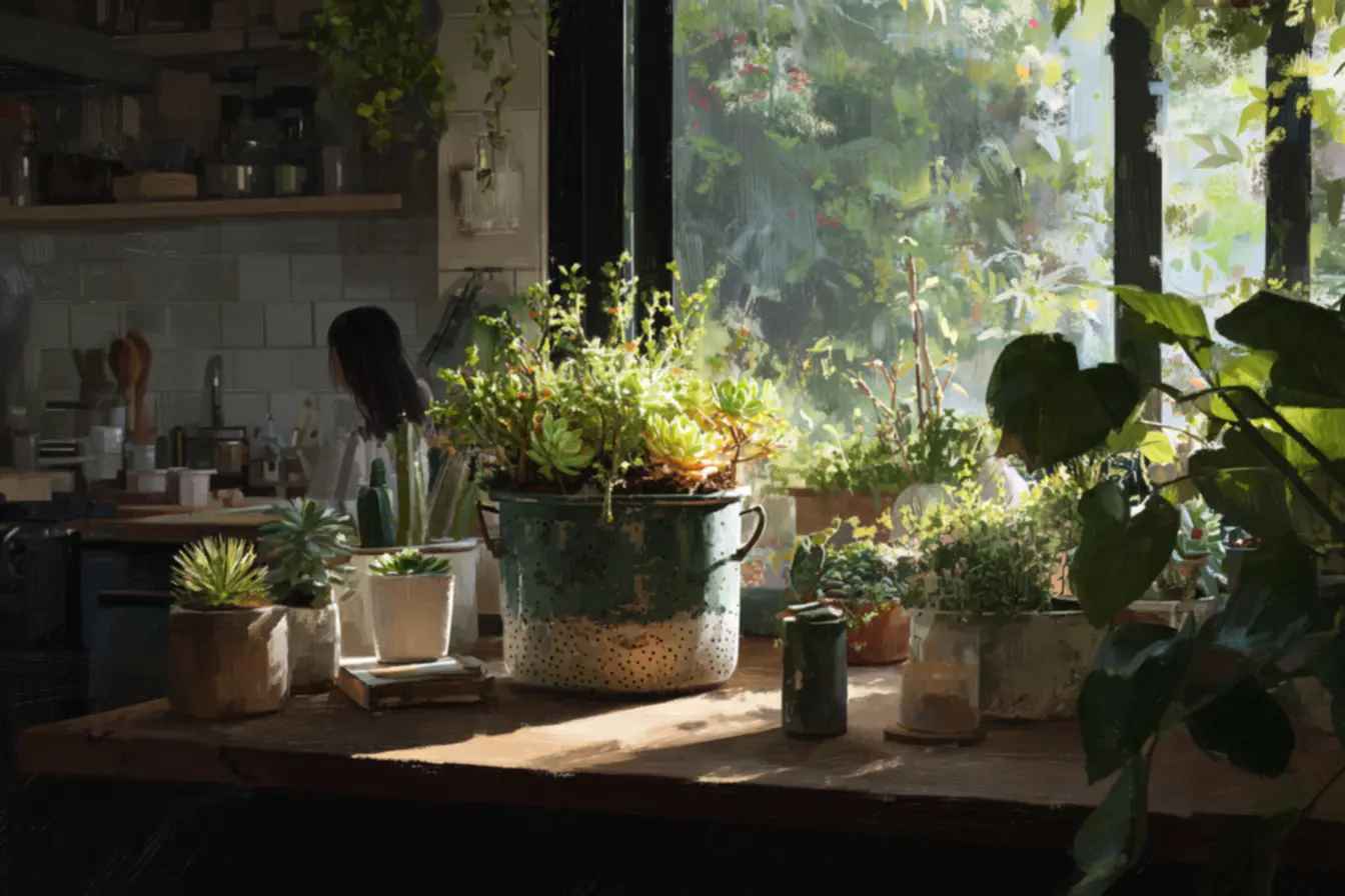 Vaso suspenso feito com escorredor de cozinha na varanda com plantas pendentes