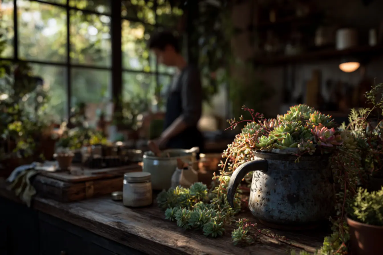 Escorredor de macarrão reaproveitado como vaso criativo em decoração sustentável