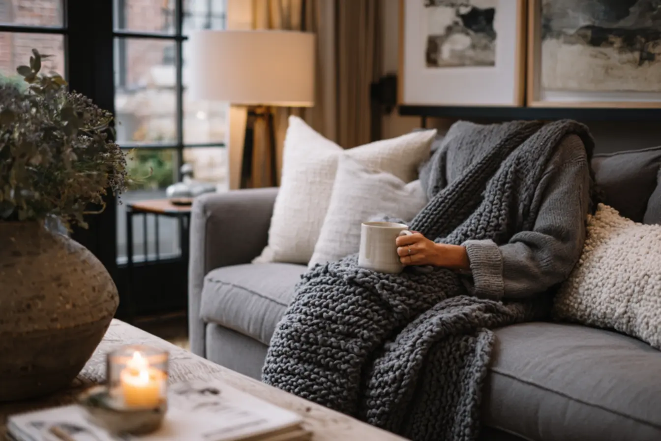 sala decorada com manta cinza almofadas e tapete neutro criando ambiente sofisticado