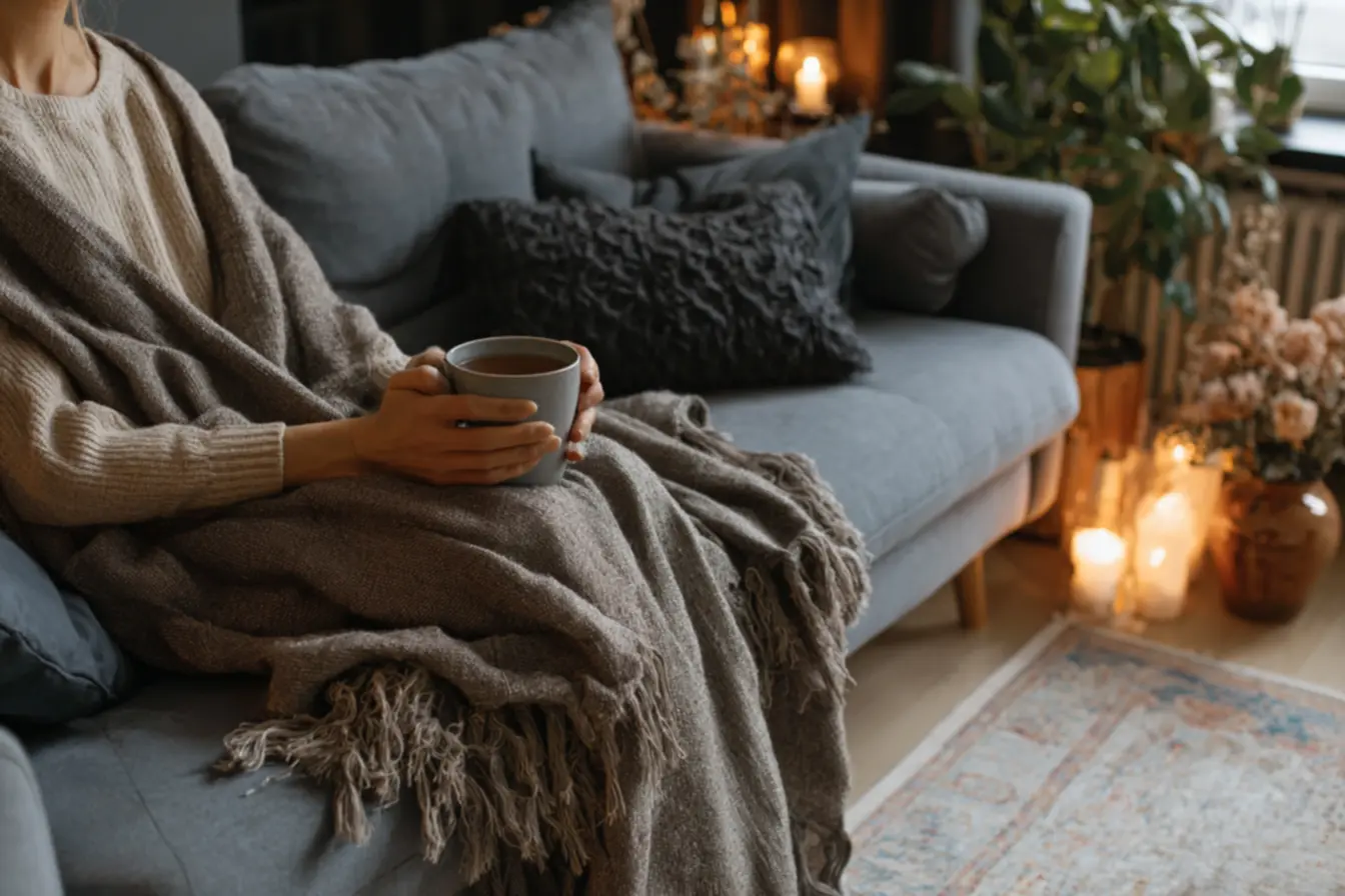 detalhe de manta cinza com textura combinando com almofadas e cortina clara na sala