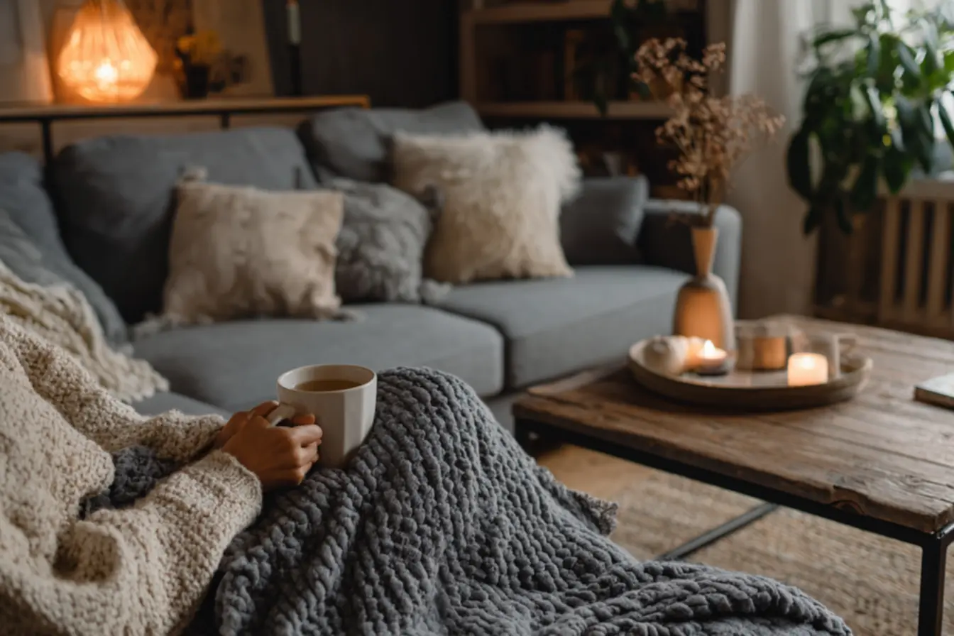 manta cinza decorando sofa cinza moderno com almofadas em sala aconchegante