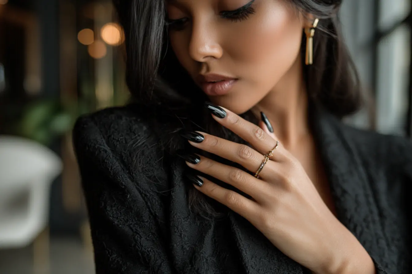 Comprimentos diferentes de unhas bailarina pretas em gel para o dia a dia