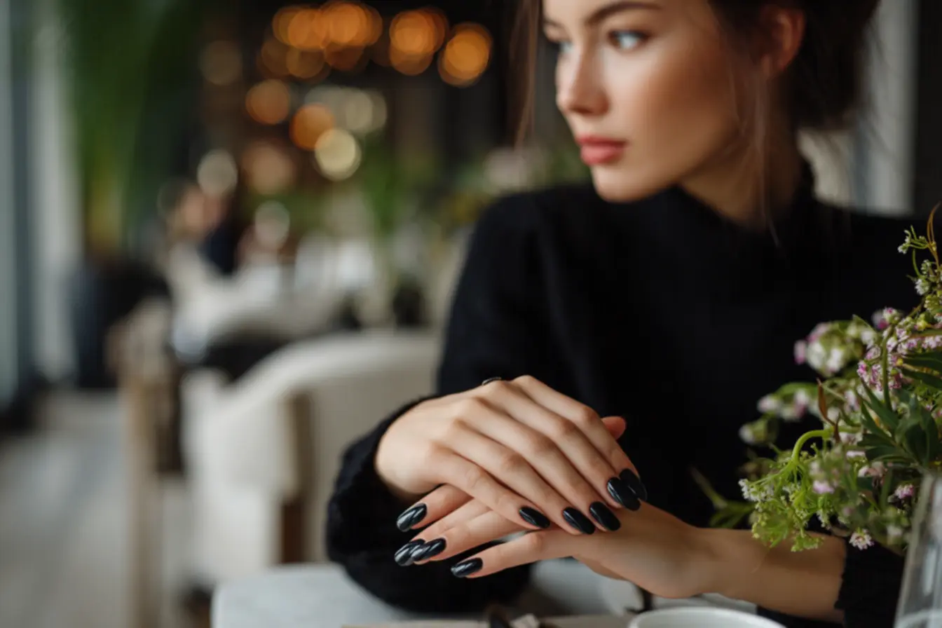 Unhas bailarina pretas em gel com acabamento fosco e brilho espelhado