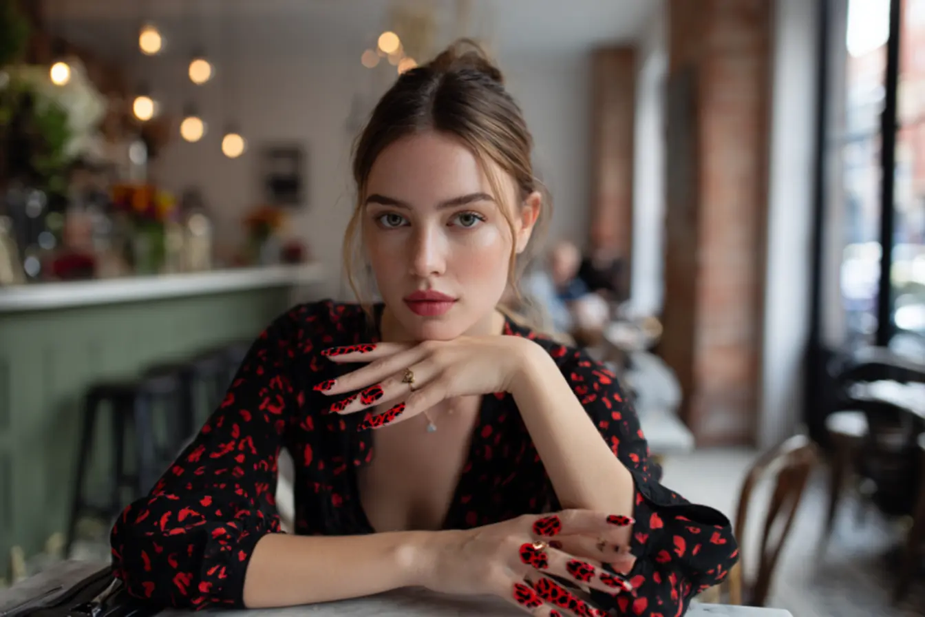 Detalhe de nail art com oncinha vermelha em diferentes formatos de unhas